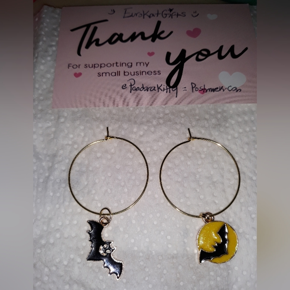 Bat Hoop Earrings 1 1/2” Silver Black Yellow moon Charms Fall Halloween NEW NWT